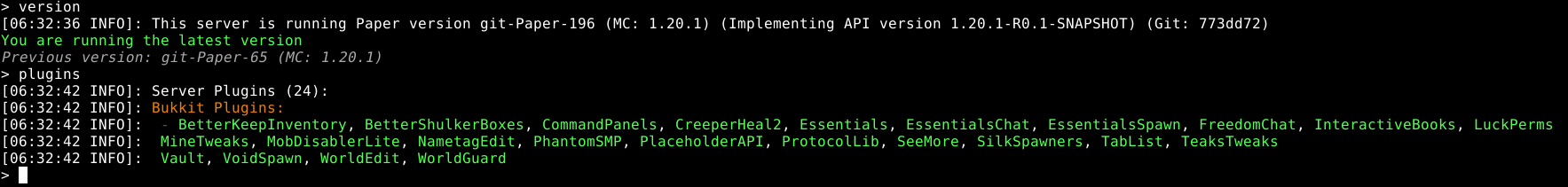 Screenshot of a currently active Minecraft server running 24 server-sided mods on version paper 1.20.1