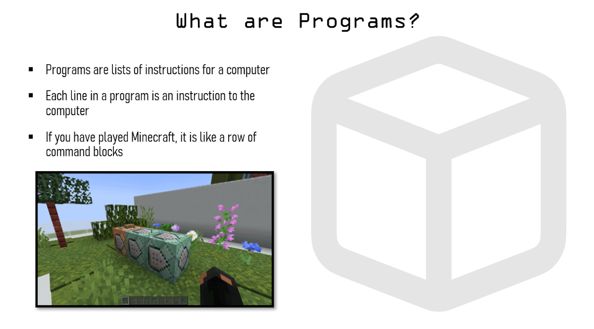 A slide asking what are programs, followed by an explanation