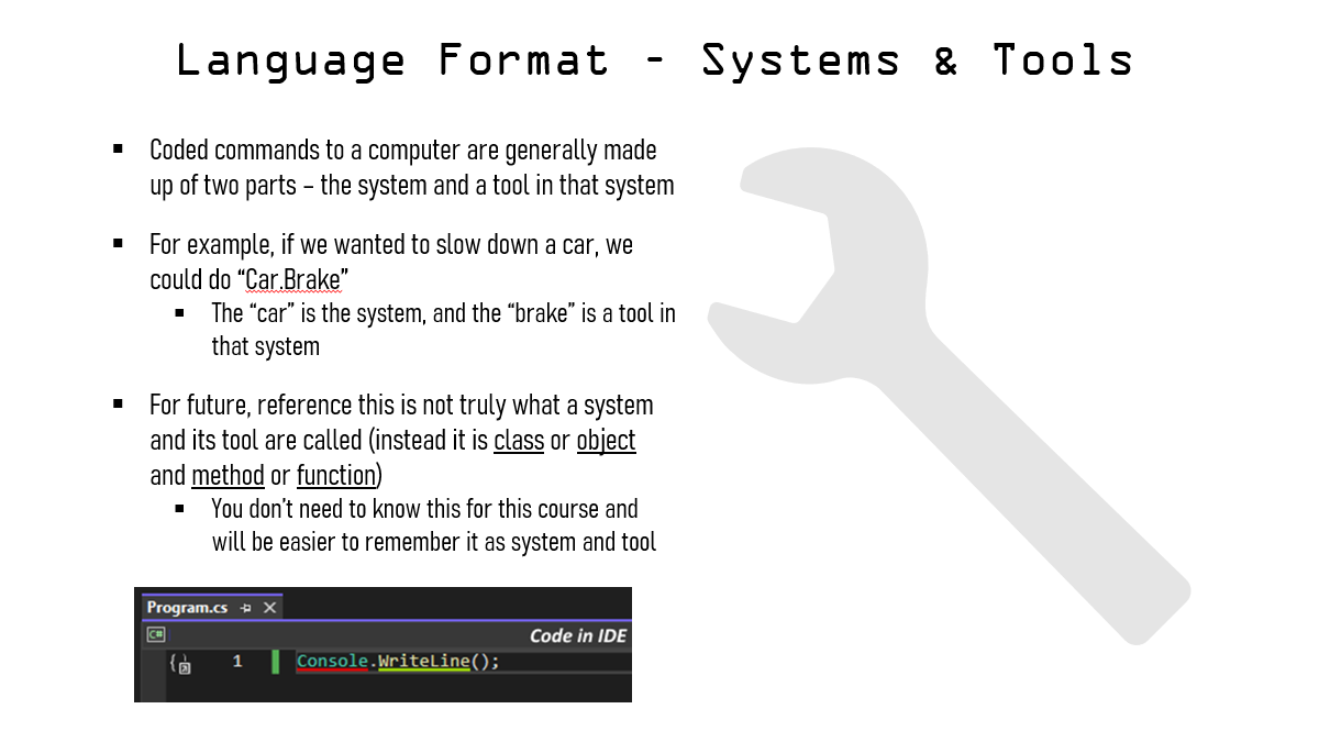 A slide explaining the concept of systems and tools in programming