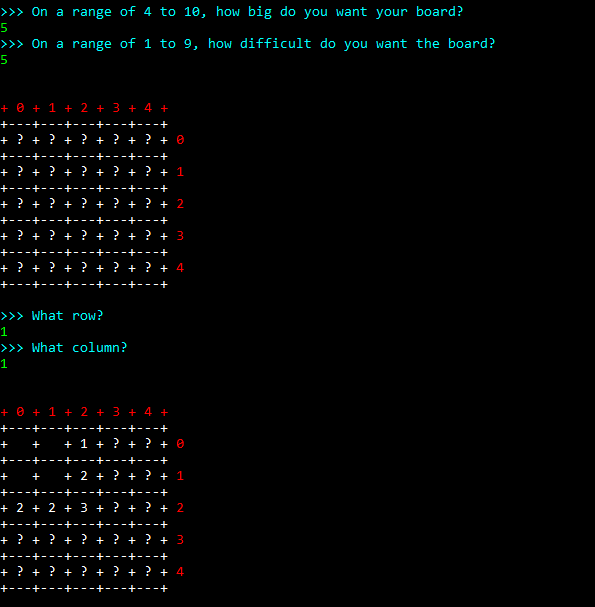 A screenshot of a console based minesweeper game